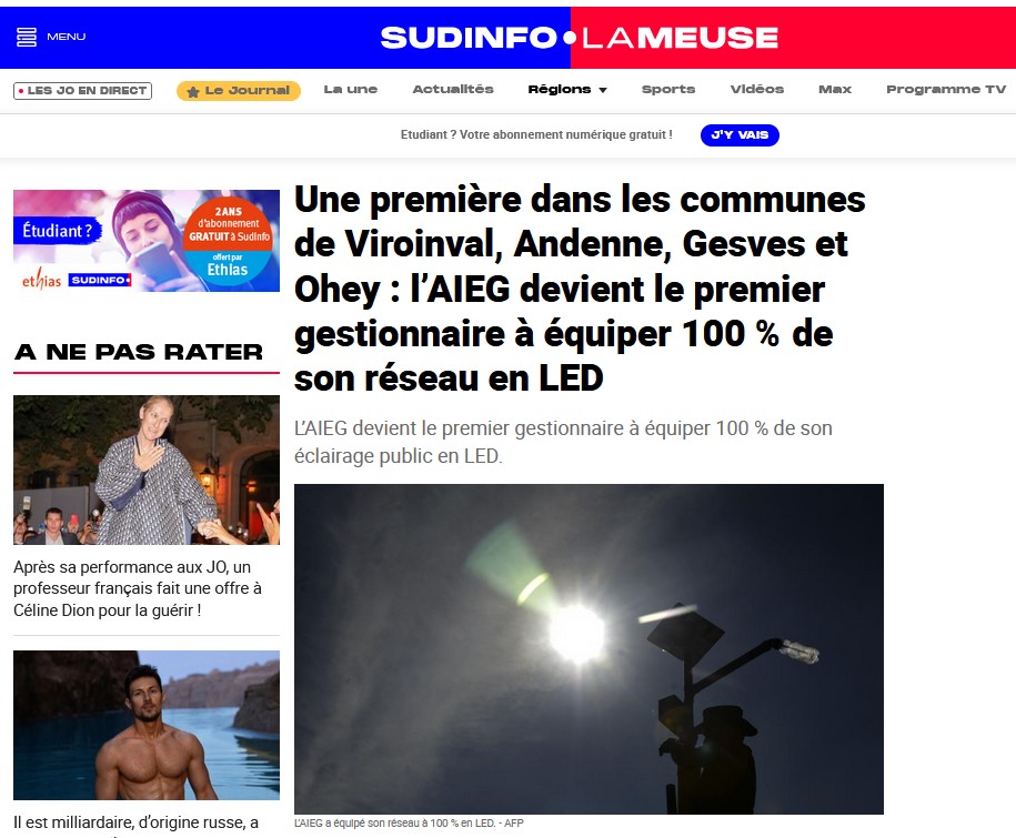 capture d'écran du site de Sudinfo.be qui attire l'attention sur l'éclairage public 100% LED