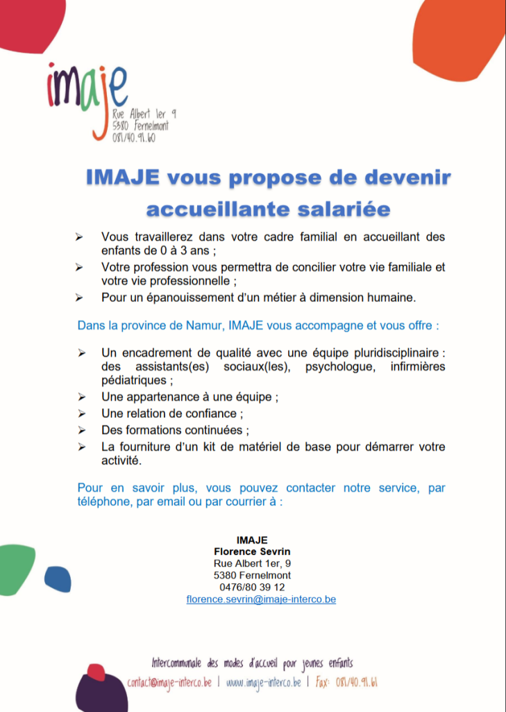 Offre d'emploi pour une accueillante salariée chez Imaje à Fernelmont