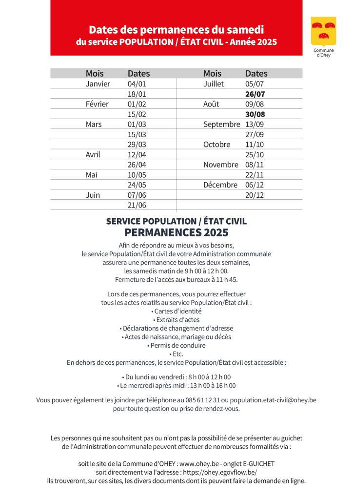 tableau des permanences du samedi en 2025